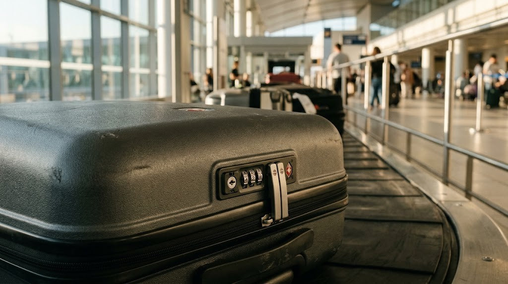 Cerradura con combinación de una maleta rígida en la cinta de equipajes del aeropuerto