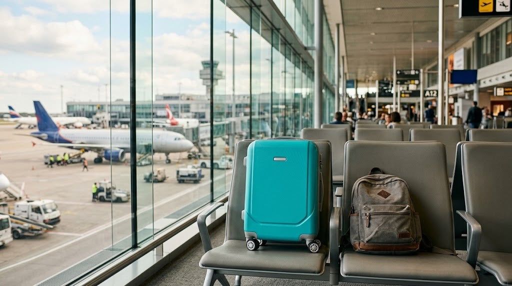 Maleta de cabina turquesa y mochila en la sala de embarque