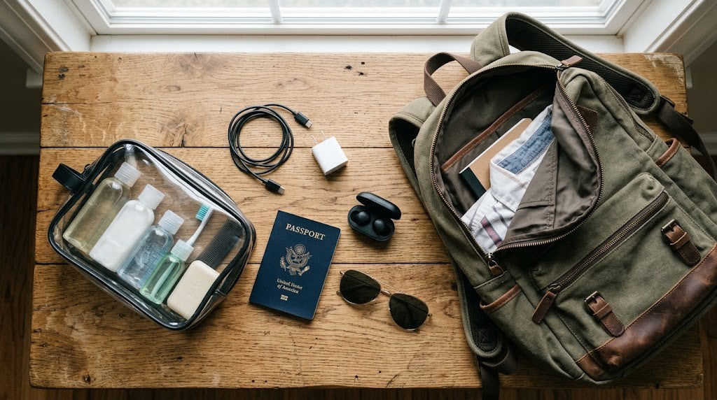 Neceser transparente con botes de 100 ml, pasaporte y cargador junto a una mochila