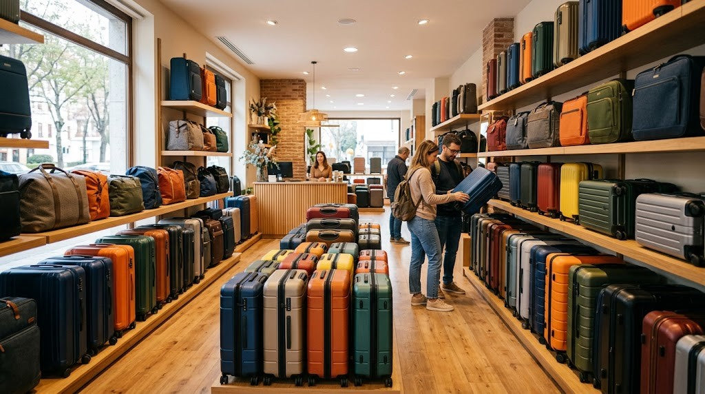 Tienda de maletas con maletas de colores en las estanterías