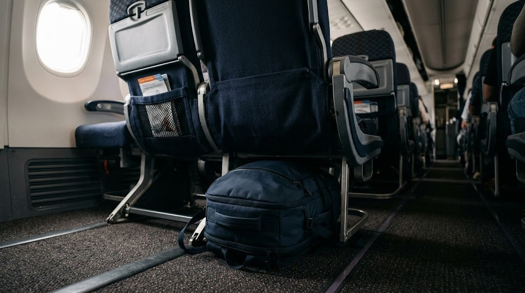 Mochila de cabina debajo del asiento de un avión
